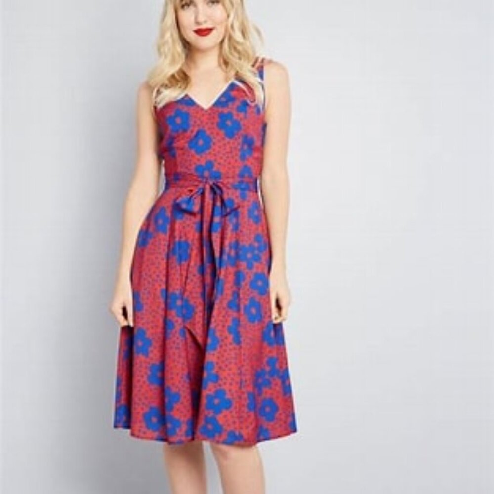 Modcloth Timless Magnetism A-Line Red Floral Print Size S
